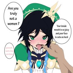 Rule 34 | 2boys, absurdres, blush, genshin impact, green eyes, highres, male focus, mouth pull, multiple boys, pov, saliva, speech bubble, tongue, tongue out, trap, venti (genshin impact)