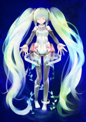 Rule 34 | 1girl, absurdres, bad id, bad pixiv id, barefoot, bridal gauntlets, closed eyes, green hair, hatsune miku, hatsune miku (append), highres, long hair, navel, necktie, outstretched arms, outstretched hand, reaching, ringpearl, solo, thighhighs, twintails, very long hair, vocaloid, vocaloid append, wading, water
