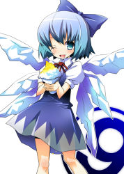Rule 34 | blue eyes, blue hair, bow, circled 9, cirno, food, hermmy, ice, one eye closed, pee, peeing, phantasmagoria of flower view, shaved ice, short hair, solo, touhou, wings, wink