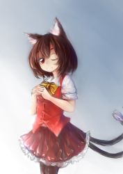Rule 34 | 1girl, adapted costume, animal ears, bd-0, brown hair, brown pantyhose, cat ears, cat tail, chen, eyelashes, faux traditional media, frilled skirt, frills, gradient background, hands on own chest, highres, interlocked fingers, looking at viewer, multiple tails, nano (ex925868312), no headwear, one eye closed, pantyhose, red eyes, ribbon, short hair, short sleeves, skirt, smile, solo, tail, touhou, vest