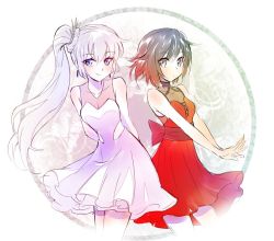 Rule 34 | 2girls, black hair, blue eyes, breasts, cleavage, commentary, dress, earrings, grey eyes, iesupa, jewelry, multiple girls, ponytail, red dress, ruby rose, rwby, see-through, see-through cleavage, small breasts, weiss schnee, white dress, white hair