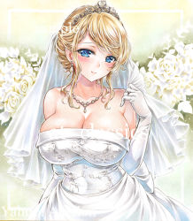 Rule 34 | 1girl, artist name, at classics, bare shoulders, blonde hair, blue eyes, blush, breasts, bridal veil, bride, cleavage, dress, earrings, elbow gloves, floral background, flower, gloves, hand up, jewelry, large breasts, medium hair, necklace, original, ring, rose, sample watermark, sidelocks, smile, solo, strapless, strapless dress, tiara, traditional media, veil, watermark, wedding band, wedding dress, white dress, white gloves