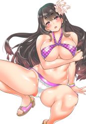 Rule 34 | 1girl, bare shoulders, bikini, blush, bracelet, breasts, brown hair, checkered bikini, checkered clothes, cleavage, flower, hair flower, hair ornament, halterneck, highres, jewelry, large breasts, long hair, open mouth, pink eyes, raised eyebrows, sandals, shigaoka, side-tie bikini bottom, simple background, smile, solo, squatting, swimsuit, teeth, thick thighs, thighs, white background