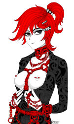 Rule 34 | 1girl, bdsm, belt, black eyes, black shirt, bondage, bondage cuffs, bound, breasts, collar, foster&#039;s home for imaginary friends, frankie foster, hair ornament, harness, highres, long sleeves, ltstry, medium breasts, nipple piercing, nipples, open clothes, open shirt, piercing, ponytail, red hair, shirt, signature, simple background, slave, solo, upper body, white background
