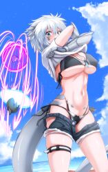 Rule 34 | 1girl, absurdres, arms up, battle, beach, bikini, black bikini, blue eyes, blue sky, blush, breasts, cleavage, cloud, commentary request, covered erect nipples, cowboy shot, cutoffs, day, denim, denim shorts, dragon girl, dragon horns, dragon tail, energy barrier, energy beam, energy shield, g (genesis1556), hair between eyes, highleg, highleg bikini, highres, horns, jewelry, large breasts, looking at viewer, monster girl, multi-strapped bikini bottom, navel, necklace, ocean, open clothes, open shorts, original, outdoors, sacabambaspis, scales, shark, shirt, short hair, short sleeves, shorts, side-tie bikini bottom, sidelocks, skindentation, sky, solo focus, standing, stomach, sweat, swimsuit, t-shirt, tail, thigh strap, tsubasa ryuuji, underboob, undressing, white hair, white shirt