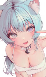 Rule 34 | 1girl, absurdres, animal ear fluff, animal ears, blue eyes, blue hair, breasts, cat ears, cat girl, cleavage, collarbone, commentary, covered erect nipples, dress, eyelashes, fang, heart collar, heterochromia, highres, large breasts, leaning forward, long hair, looking at viewer, original, purple eyes, raeun 46, simple background, skin fang, sleeveless, sleeveless dress, smile, solo, spaghetti strap, symbol-only commentary, v, white background, white dress