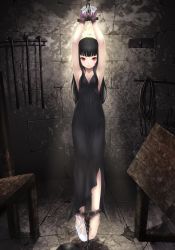 Rule 34 | 1girl, armpits, arms up, bdsm, black dress, black hair, cait aron, chain, claws, collarbone, cuffs, dress, dungeon, female focus, full body, hanging, highres, indoors, long hair, nightgown, prisoner, recolored, red eyes, shackles, shoes, single shoe, solo, steel ball (jojo), whip, wooden horse