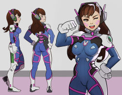 Rule 34 | 1girl, ass, bodysuit, breasts, character sheet, d.va (overwatch), facial mark, hand on own hip, hands on own hips, looking at viewer, looking back, one eye closed, overwatch, overwatch 1, splashbrush, wink