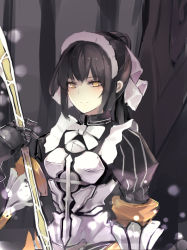 Rule 34 | 1girl, black hair, bow, bowtie, gauntlets, hair bow, highres, holding, long hair, looking at viewer, maid, maid headdress, narberal gamma, overlord (maruyama), ponytail, smile, solo, upper body, white bow, yellow eyes, yu kitsune