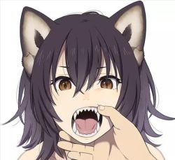 Rule 34 | 1girl, animal ears, artist request, black hair, brown eyes, character request, dog ears, fang, hand on another&#039;s face, medium hair, open mouth, pov, purple hair, tagme, teeth, tongue, wolf ears