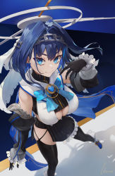 Rule 34 | 1girl, artist name, blue eyes, blue hair, bow, bow earrings, bowtie, breasts, chain, commentary, detached sleeves, earrings, english commentary, gloves, hair between eyes, hair intakes, heart, highres, holocouncil, hololive, hololive english, jewelry, large breasts, looking at viewer, ouro kronii, skirt, smile, solo, thighhighs, unsomnus, virtual youtuber, watermark