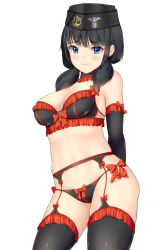 Rule 34 | 1girl, black bra, black hair, black hat, black panties, black thighhighs, blue eyes, blush, bra, breasts, character request, cleavage, closed mouth, copyright request, garter belt, hat, highres, large breasts, looking at viewer, navel, panties, short hair, short twintails, smile, solo, thighhighs, tonaitoo, twintails, underwear