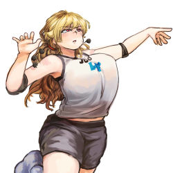 Rule 34 | 1girl, alternate costume, black shorts, blonde hair, breasts, chanta (ayatakaoisii), character name, elbow pads, focused, hands up, highres, hip focus, huge breasts, junko (touhou), looking up, mature female, open mouth, red eyes, shirt, shorts, simple background, solo, sportswear, sweatdrop, thighs, touhou, volleyball uniform, white background, white shirt
