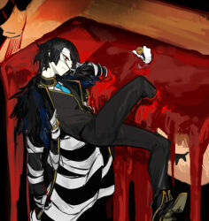 Rule 34 | 1boy, bandaged arm, bandaged head, bandages, black coat, black footwear, black gloves, black pants, black vest, blood, bloodbath (project moon), closed mouth, coat, e.g.o (project moon), employee (project moon), gloves, holding, holding smoking pipe, lobotomy corporation, looking to the side, male focus, nishikujic, pants, pool of blood, project moon, red eyes, shoes, smoking pipe, solo, vest