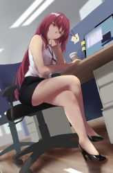 Rule 34 | 1girl, bare shoulders, black skirt, blush, breasts, chair, coffee cup, collared shirt, crossed legs, cup, den (kur0 yuki), desk, disposable cup, fate/grand order, fate (series), high heels, highres, large breasts, legs, long hair, looking at viewer, monitor, office lady, pencil skirt, purple hair, red eyes, scathach (fate), shirt, sitting, skirt, sleeveless, sleeveless shirt, white shirt