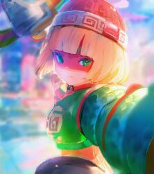 Rule 34 | 1girl, arms (game), blonde hair, blurry, blurry background, bob cut, closed mouth, fighting stance, green eyes, green shirt, highres, mask, min min (arms), no nose, punching, red headwear, red mask, shiratsuyu mone, shirt, short hair, solo, upper body