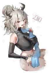 Rule 34 | !, !!, 1girl, absurdres, alternate costume, alternate hairstyle, arknights, bare shoulders, black arm warmers, blue towel, blush, breasts, commentary request, crop top, fang, highres, horn/wood, horns, large breasts, long hair, looking at viewer, matoimaru (arknights), multiple horns, navel, open mouth, pointy ears, red eyes, simple background, sitting, smile, solo, spoken exclamation mark, sweat, teeth, thighs, towel, turtleneck, white background
