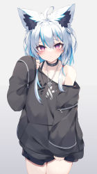 Rule 34 | 1girl, absurdres, animal ear fluff, animal ears, aqua hair, black camisole, black sweater, camisole, collar, highres, jewelry, long sleeves, looking at viewer, medium hair, multicolored hair, necklace, nibiiro shizuka, off shoulder, original, oversized clothes, pendant, puffy long sleeves, puffy sleeves, purple eyes, sleeves past wrists, strap slip, streaked hair, sweater, two-tone hair, white hair