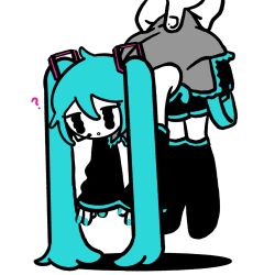 Rule 34 | 1girl, 1other, ?, aqua hair, aqua nails, black footwear, black skirt, black sleeves, boots, detached sleeves, grey shirt, hair between eyes, hair ornament, hashtag-only commentary, hatsune miku, headset, highres, lifting person, long hair, miniskirt, nail polish, parted lips, shirt, simple background, skirt, solo focus, thigh boots, twintails, very long hair, vocaloid, wavy eyes, white background, yuna (the boon 109)