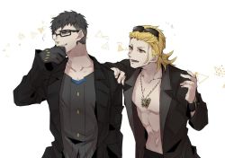 Rule 34 | 2boys, abs, black hair, black jacket, blonde hair, butterfly necklace, collared jacket, glasses, gloves, grey shirt, hand on another&#039;s shoulder, hand on own chin, hand on own face, hishima (ntwewy), jacket, medium hair, multiple boys, no shirt, open clothes, open jacket, open mouth, pectorals, rectangular eyewear, red eyes, shiba (ntwewy), shin subarashiki kono sekai, shirt, smile, subarashiki kono sekai, sunglasses on head, undercut, upper body