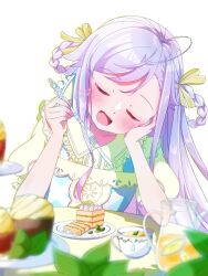 Rule 34 | 1girl, ahoge, blush, cake, closed eyes, cup, food, fork, frilled shirt, frills, hand on own cheek, hand on own face, highres, holding, holding fork, iroha wds, long hair, niizuma yae, open mouth, purple hair, shirt, solo, teacup, world dai star