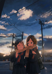 Rule 34 | 2girls, ^ ^, bag, bird, black serafuku, black skirt, blue eyes, blue hair, blue sky, brown hair, brown scarf, checkered clothes, checkered scarf, closed eyes, cloud, cloudy sky, convenience store, evening, facing another, fringe trim, grin, hand on another&#039;s shoulder, hand up, highres, holding, holding bag, inami hatoko, looking at another, multiple girls, neckerchief, original, outdoors, parted bangs, parted lips, pleated skirt, railing, scarf, school bag, school uniform, serafuku, shared clothes, shared scarf, shop, shoulder bag, skirt, sky, smile, teeth