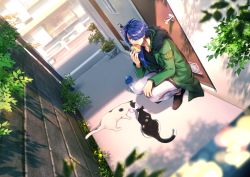 Rule 34 | 1boy, arisugawa dice, beads, blurry, bowl, bread, cat, day, depth of field, door, dutch angle, eating, food, from side, fur trim, gpnet, green jacket, hair over one eye, highres, hypnosis mic, jacket, long sleeves, looking at viewer, looking to the side, male focus, milk carton, outdoors, pants, pet bowl, plant, plastic wrap, potted plant, red eyes, shade, shadow, shoes, short hair with long locks, squatting, v-neck