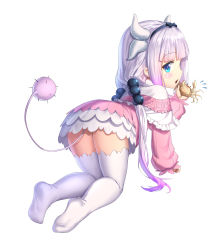 Rule 34 | 10s, 1girl, blue eyes, blush, crab, dragon girl, dragon horns, drogoth, flying sweatdrops, frilled skirt, frills, from behind, hairband, highres, horns, kanna kamui, kobayashi-san chi no maidragon, looking at viewer, looking back, open mouth, simple background, skirt, solo, tail, thighhighs, twintails, white background, white skirt, white thighhighs