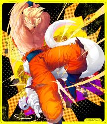 Rule 34 | 2boys, angry, armpits, arms up, artist name, biceps, black background, blonde hair, blue footwear, blue sash, blue wristband, boots, border, clenched teeth, colored skin, debris, dougi, dragon ball, dragonball z, fighting, frieza, glaring, green eyes, halftone, halftone background, leg up, looking at viewer, male focus, multicolored background, multiple boys, muscular, muscular male, ommmyoh, orange pants, outstretched arm, pants, pectorals, purple eyes, rock, sash, sideways glance, son goku, spiked hair, super saiyan, super saiyan 1, tail, teeth, topless male, torn clothes, torn pants, v-shaped eyebrows, white skin, wristband, yellow border