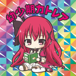 Rule 34 | 1girl, bikkuriman (style), black bow, blush, book, bow, cattleya (flower knight girl), character name, chibi, closed mouth, flower knight girl, full body, hair between eyes, hair bow, hair ornament, holding, holding book, long hair, open book, parody, pleated skirt, puffy short sleeves, puffy sleeves, purple footwear, red eyes, red hair, ri-net, shoes, short sleeves, sitting, skirt, solo, thighhighs, very long hair, wariza, white skirt, white thighhighs, x hair ornament