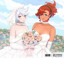 Rule 34 | 2girls, bare shoulders, blush, bouquet, breasts, bridal gauntlets, bridal veil, bride, choker, cleavage, cloud, commentary, culton, dark-skinned female, dark skin, day, dress, earrings, elbow gloves, english commentary, female focus, flower, gloves, green eyes, grey hair, gundam, gundam suisei no majo, highres, holding, holding bouquet, jewelry, large breasts, long hair, looking at viewer, miorine rembran, multiple girls, open mouth, parted lips, ponytail, red hair, rose, short hair, smile, standing, suletta mercury, tongue, veil, wedding dress, white dress, white gloves, wife and wife, yuri