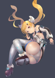 Rule 34 | 1girl, :o, absurdres, ass, azur lane, bare shoulders, blonde hair, boots, breasts, cameltoe, detached sleeves, eldridge (azur lane), female focus, from below, full body, fur-trimmed boots, fur trim, highres, long hair, looking at viewer, looking down, panties, simple background, small breasts, solo, thighhighs, twintails, u-st (uweiter), underwear