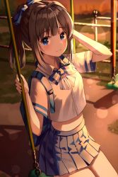 Rule 34 | 1girl, arm behind head, arm up, backpack, bag, blouse, blue bow, blue eyes, blue skirt, blush, bow, bowtie, brown hair, closed mouth, collared shirt, commentary request, crop top, crop top overhang, dress shirt, fence, from side, hair bow, hair intakes, high-waist skirt, highres, holding, long hair, looking at viewer, midriff, miniskirt, original, outdoors, pleated skirt, ponytail, ruda (ruda e), school uniform, shirt, short sleeves, sitting, skirt, solo, striped, striped bow, sunlight, sunset, swing, white shirt