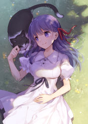 Rule 34 | 1girl, bison cangshu, black ribbon, breasts, cat, dress, fate/stay night, fate (series), grass, hair ribbon, highres, large breasts, long hair, looking at animal, lying, matou sakura, official alternate costume, on back, purple eyes, purple hair, red ribbon, ribbon, smile, solo