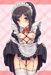Rule 34 | 1girl, apron, bdsm, black hair, blush, bondage, bound, breasts, brown eyes, clothes lift, cowboy shot, crotch rope, dress, dress lift, fate/kaleid liner prisma illya, fate (series), frills, garter belt, kishimen, long hair, looking at viewer, maid, maid apron, maid headdress, miyu edelfelt, nipples, open clothes, ponytail, pussy juice, shibari, shibari under clothes, small breasts, smile, solo, thighhighs, white thighhighs