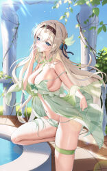 1girl absurdres aqua_nails bare_shoulders black_hairband blush breasts cleavage collarbone commentary covered_navel day double_strap_slip dress fingernails firefly_(honkai:_star_rail) from_side green_dress green_panties green_ribbon grey_hair hairband hand_up highres honkai:_star_rail honkai_(series) kesa_pasa knee_up large_breasts long_hair looking_at_viewer mouth_hold nail_polish outdoors panties purple_eyes ribbon ribbon_in_mouth see-through_clothes see-through_dress side-tie_panties sleeveless sleeveless_dress solo stomach thigh_strap underwear untied_panties very_long_hair water wet