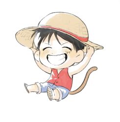 1boy ^_^ bad_id bad_twitter_id black_hair blue_shorts c_a_k_e closed_eyes hat male_focus monkey_d._luffy one_piece red_shirt sandals scar scar_on_face shirt short_hair shorts simple_background sitting sleeveless solo straw_hat tail white_background