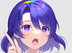 Rule 34 | 1girl, 60mai, blue eyes, blue hair, collar, female focus, hair between eyes, hairband, looking at viewer, multicolored hairband, open mouth, pointing, pointing up, portrait, rainbow gradient, short hair, simple background, solo, tenkyuu chimata, touhou, white background, white collar
