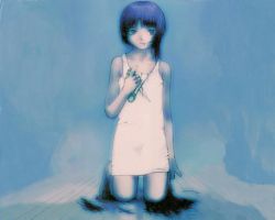 Rule 34 | 1990s (style), 1girl, abe yoshitoshi, bare shoulders, chemise, cutting hair, dress, iwakura lain, kneeling, official art, official wallpaper, retro artstyle, scissors, serial experiments lain, short hair, solo, wallpaper