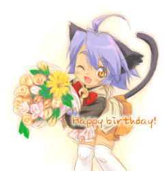 Rule 34 | 1girl, ;d, ahoge, animal ears, blush, bouquet, bow, cat ears, cat girl, cat tail, commentary request, cowboy shot, fang, flower, holding, holding bouquet, mao (mizuki kotora), mizuki kotora, one eye closed, open mouth, orange skirt, original, purple hair, red bow, short hair, skirt, slit pupils, smile, solo, tail, thighhighs, white thighhighs, yellow eyes
