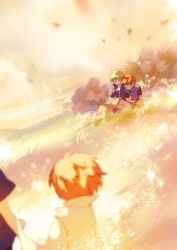 Rule 34 | 3boys, ahoge, back, bad id, bad pixiv id, cloud, cloudy sky, field, fire emblem, fire emblem: the binding blade, gloves, grass, green hair, headband, leaning on person, male focus, motion blur, multiple boys, nintendo, noki (affabile), orange theme, out of frame, outdoors, red hair, roy (fire emblem), sitting, sky, sleeping, tree, wolt (fire emblem), aged down