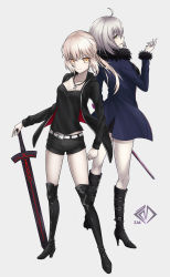 Rule 34 | 2girls, :d, absurdres, ahoge, artoria pendragon (all), artoria pendragon (fate), back-to-back, belt, black dress, black footwear, black jacket, black shirt, black shorts, blue jacket, boots, breasts, brown eyes, cleavage, collarbone, dress, excalibur morgan (fate), fate/grand order, fate (series), floating hair, fur trim, grey background, hand on hilt, high heel boots, high heels, highres, hood, hood down, hooded jacket, jacket, jeanne d&#039;arc (fate), jeanne d&#039;arc alter (fate), jeanne d&#039;arc alter (ver. shinjuku 1999) (fate), jewelry, knee boots, long hair, looking at viewer, looking back, medium breasts, multiple girls, necklace, official alternate costume, open clothes, open jacket, open mouth, saber alter, saber alter (ver. shinjuku 1999) (fate), shirt, short dress, short hair, short shorts, shorts, silver hair, simple background, smile, standing, sword, weapon, yellow eyes, z.m. (zimin)