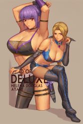 Rule 34 | 2girls, alternate costume, armband, armpits, arms up, ayane (doa), blonde hair, blue eyes, boots, breasts, character name, choker, cleavage, collarbone, commentary request, dead or alive, dead or alive 6, english text, fishnets, gloves, headband, helena douglas, huge breasts, ibanen, invisible chair, kunai, multiple girls, navel, ninja, pants, purple hair, red eyes, red hair, short hair, shorts, sitting, smile, tecmo, thigh strap, thighhighs, toned, weapon