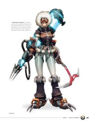Rule 34 | 1girl, absurdres, blizzard (company), blue eyes, blue lips, breasts, concept art, full body, fur trim, gloves, goggles, goggles on head, gun, highres, hood, ice axe, justin thavirat, leaf, looking at viewer, maple leaf, mei (overwatch), overwatch, overwatch 1, prototype design, solo, standing, weapon, white background