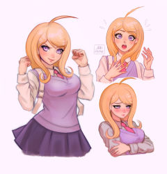 Rule 34 | 1girl, :o, ahoge, akamatsu kaede, artist name, backpack, bag, beamed eighth notes, blonde hair, blush, breasts, closed mouth, collared shirt, commentary, cowboy shot, cropped legs, cropped torso, crossed arms, danganronpa (series), danganronpa v3: killing harmony, eighth note, english commentary, flying sweatdrops, fortissimo, hair ornament, hand on own chest, hands up, highres, large breasts, long hair, long sleeves, looking at viewer, looking away, medium breasts, missarilicious, multiple views, musical note, musical note hair ornament, necktie, open mouth, pink eyes, pink neckwear, pink vest, pleated skirt, purple eyes, purple sweater, quarter note, school uniform, shirt, simple background, skirt, smile, sweater, sweater vest, teeth, upper body, upper teeth only, vest, white background, white shirt