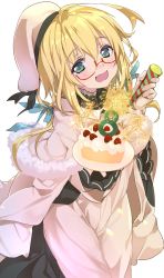 Rule 34 | 1girl, ahoge, anniversary, blonde hair, blush, cake, commission, dress, food, glasses, green eyes, hat, highres, i-8 (kancolle), kantai collection, long hair, long sleeves, malino (dream maker), open mouth, red-framed eyewear, simple background, skeb commission, smile, solo, white background, white dress, white hat