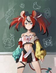 Rule 34 | 1girl, animal ears, bare shoulders, black hair, blue eyes, bow, breasts, chalkboard, closed mouth, crop top, detached sleeves, dice hair ornament, hair ornament, hakos baelz, highres, hololive, hololive english, indoors, light frown, long sleeves, looking at viewer, m.q (mqkyrie), medium breasts, midriff, mouse ears, mouse girl, mouse tail, mr. squeaks (hakos baelz), multicolored clothes, multicolored hair, multicolored skirt, navel, off-shoulder shirt, off shoulder, print shirt, red hair, shirt, skirt, standing, stomach, strapless, strapless shirt, streaked hair, tail, tail bow, tail ornament, virtual youtuber, white hair, white shirt