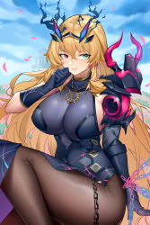 Rule 34 | 1girl, absurdres, armor, bare shoulders, black dress, black gloves, blonde hair, blue sky, breasts, brown pantyhose, chain, dress, earrings, barghest (fate), barghest (second ascension) (fate), fate/grand order, fate (series), gaosu gong lu, gauntlets, gloves, green eyes, heterochromia, highres, horns, jewelry, knee up, large breasts, long hair, looking at viewer, necklace, pantyhose, parted lips, pauldrons, pelvic curtain, red eyes, shoulder armor, sideboob, single gauntlet, single pauldron, sky, smile, solo, thighs