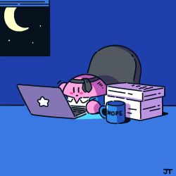 Rule 34 | 1other, chair, collared shirt, commentary, computer, crescent moon, cup, english commentary, english text, flat color, highres, indoors, james turner, kirby, kirby (series), laptop, moon, mug, necktie, necktie on head, night, nintendo, paper stack, shadow, shirt, solo, white shirt