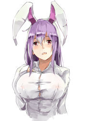 Rule 34 | 1girl, animal ears, blouse, breasts, bursting breasts, buttons, cleavage, covered erect nipples, deetamu, highres, large breasts, long hair, nipples, no bra, open mouth, purple hair, rabbit ears, red eyes, reisen udongein inaba, see-through, shirt, simple background, solo, teeth, touhou, upper body, white background, white shirt